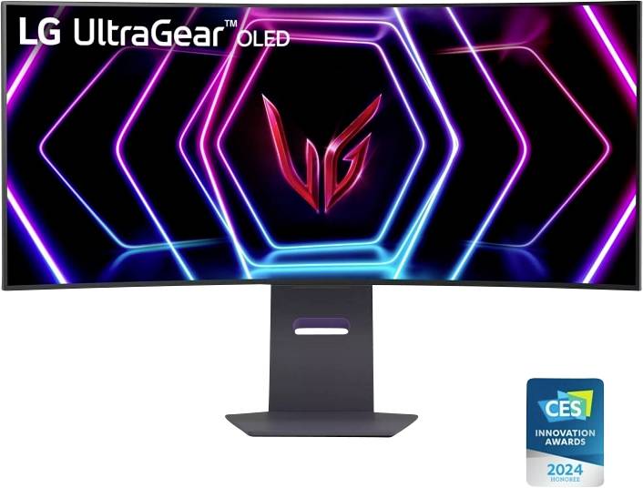 Moniteur de jeu 'LG UltraGear OLED' avec un motif lumineux néon hexagonal sur l'écran, récompensé par le Prix de l'Innovation CES 2024.