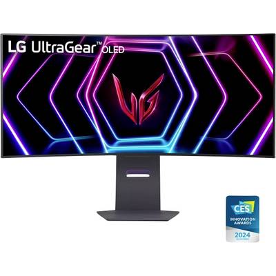 Moniteur de jeu 'LG UltraGear OLED' avec un motif lumineux néon hexagonal sur l'écran, récompensé par le Prix de l'Innovation CES 2024.