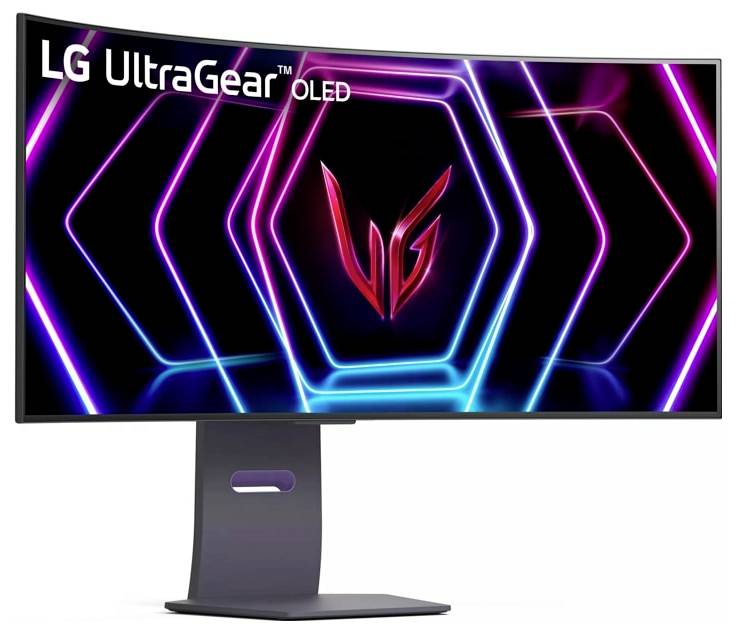 Moniteur incurvé LG UltraGear OLED affichant un design hexagonal néon avec le logo LG au centre.