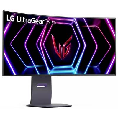 Moniteur incurvé LG UltraGear OLED affichant un design hexagonal néon avec le logo LG au centre.