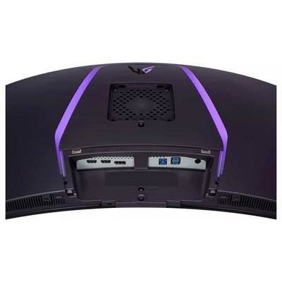 Vue arrière d'un moniteur incurvé montrant les ports, comprenant deux entrées HDMI, un DisplayPort et deux ports USB-A, avec des bandes LED violettes sur les côtés.