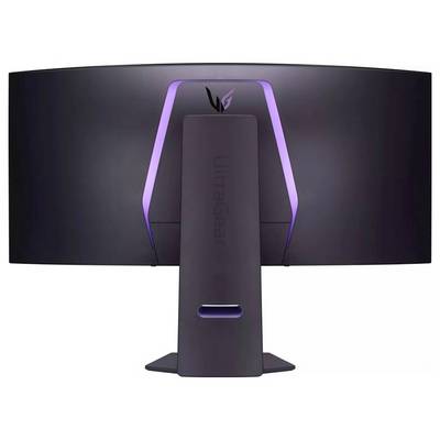 Moniteur incurvé avec marquage 'UltraGear' sur le pied, présentant un éclairage d'accentuation violet, vu de dos.
