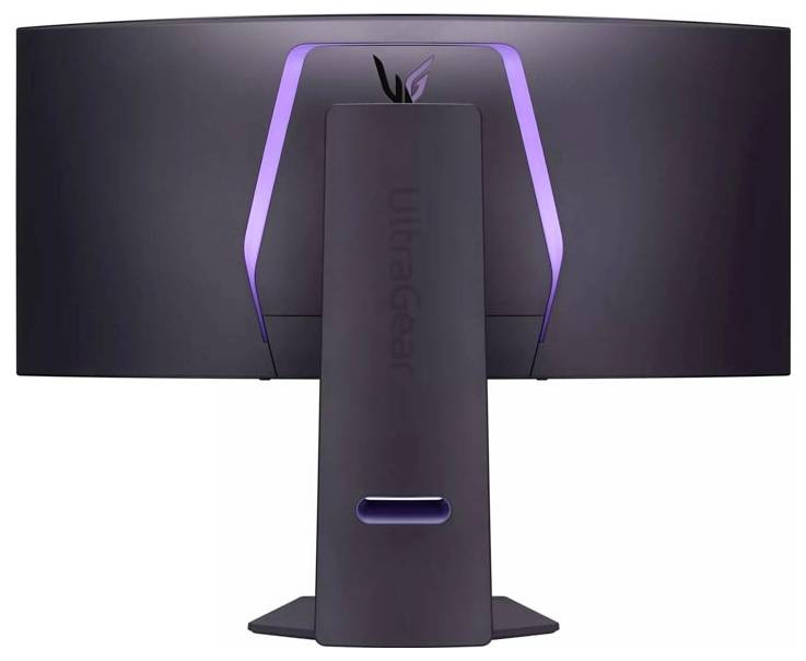 La vue arrière d'un écran d'ordinateur large noir avec des touches de couleur violette, arborant le nom de marque « UltraGear ».
