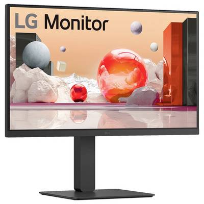 Un écran d'ordinateur avec des images promotionnelles présentant des formes abstraites et le texte « Écran LG » à l'écran.