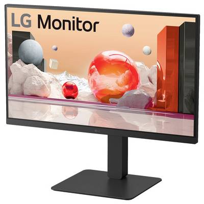 Moniteur LG affichant une image paysagère à l'écran représentant des sphères abstraites et des formes rectangulaires dans un design moderne et coloré.