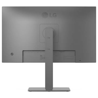 Vue arrière d'un écran d'ordinateur LG sur son support, présentant un panneau arrière gris lisse avec des ouvertures de ventilation et un bras de support fin.