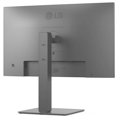 Vue arrière d'un moniteur d'ordinateur gris LG sur son support, montrant les ports et les évents. Aucun câble n'est connecté.