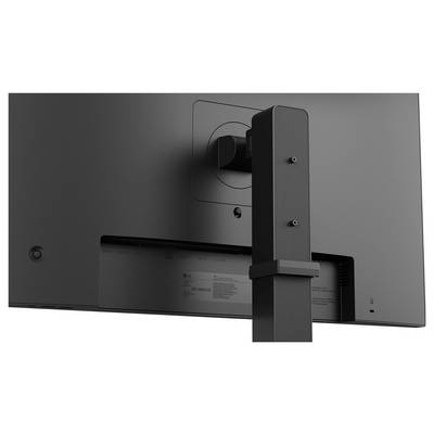 Vue arrière d'un moniteur d'ordinateur de couleur sombre sur un socle, montrant le support de montage et les ports.