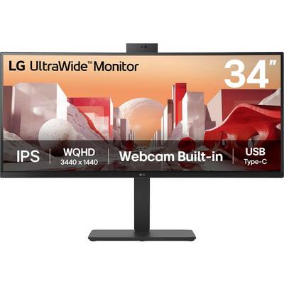 Un moniteur LG UltraWide de 34 pouces avec les caractéristiques suivantes : écran IPS, résolution WQHD de 3440 x 1440, webcam intégrée et connectivité USB Type-C.