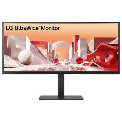 Moniteur UltraWide de LG affichant un paysage numérique futuriste avec des éléments géométriques rouges sur un fond blanc et orange vif.