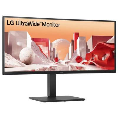 Écran de moniteur LG UltraWide avec une scène d'art numérique abstraite et futuriste en rouge et blanc à l'écran.