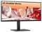 Écran de moniteur LG UltraWide avec une scène d'art numérique abstraite et futuriste en rouge et blanc à l'écran.