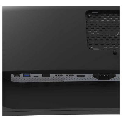 Vue arrière d'un écran d'ordinateur montrant différents ports, dont USB, HDMI et l'entrée d'alimentation, facilitant la connectivité et l'alimentation électrique.