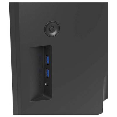 Vue latérale d'un appareil électronique noir montrant deux ports USB et un objectif de caméra.