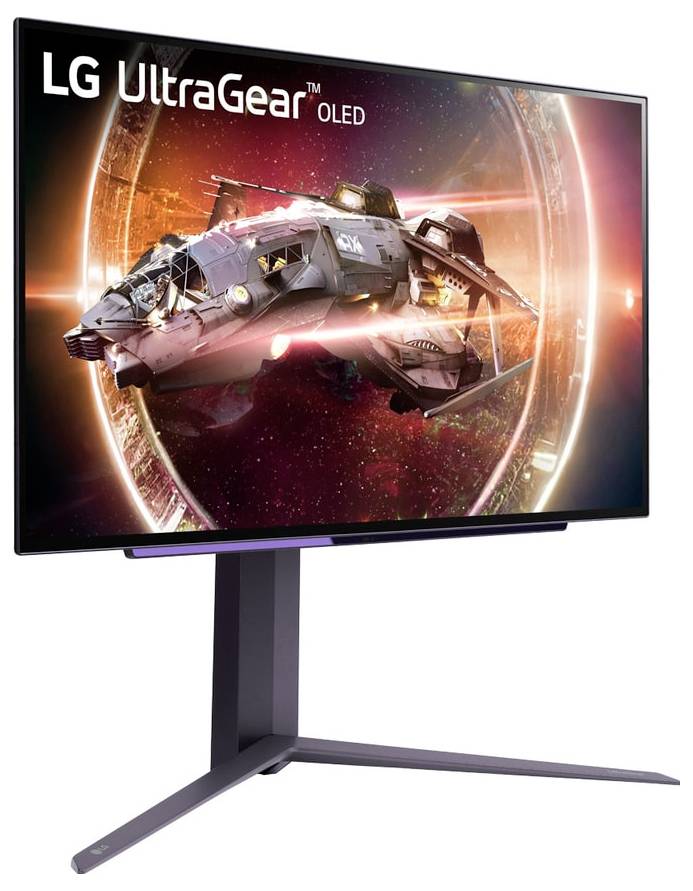Moniteur OLED UltraGear de LG affichant un vaisseau spatial flottant dans une scène cosmique vibrante avec des contrastes de couleurs saisissants.