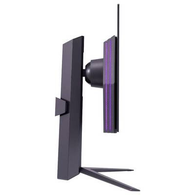 Un moniteur d'ordinateur élégant et fin, vu de profil, avec un support minimaliste et un éclairage d'accentuation LED violet à l'arrière du panneau.