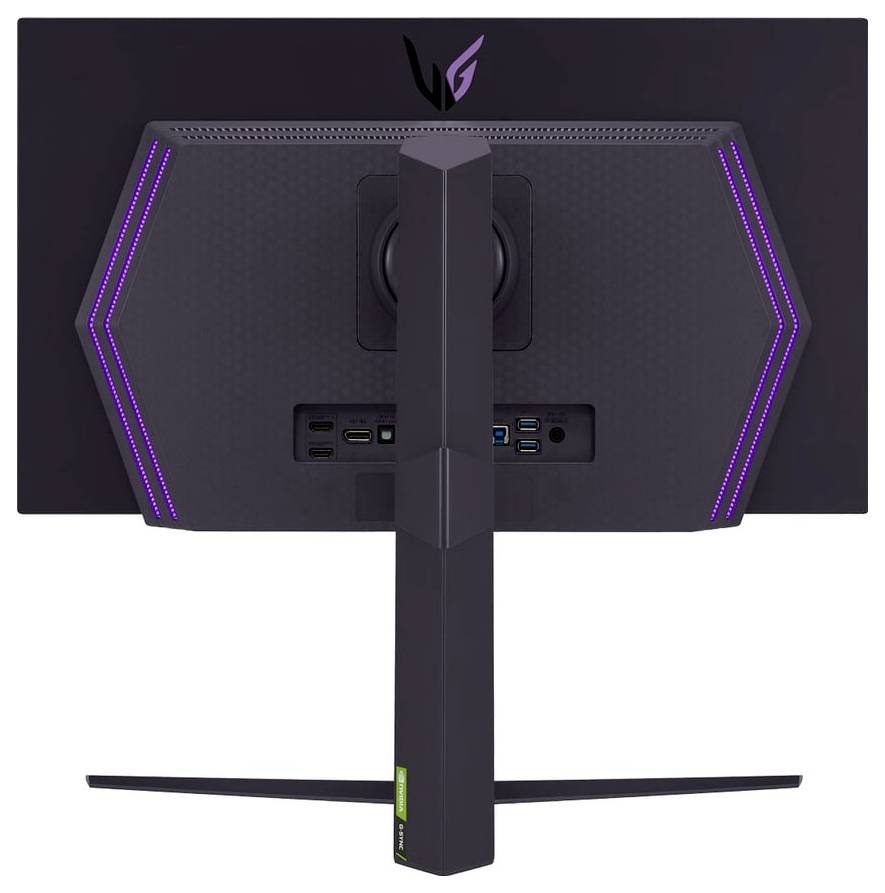 Moniteur de jeu noir vu de dos, doté d'un support vertical, avec des accents de LED violets et plusieurs ports d'entrée pour la connectivité.
