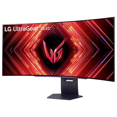 Écran incurvé LG UltraGear OLED affichant un motif géométrique vibrant rouge et noir avec un logo central 'UG'.