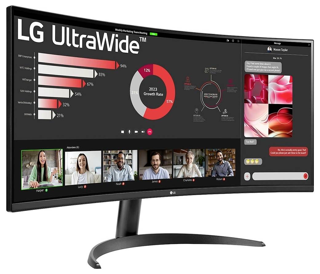 Vue arrière d'un grand moniteur d'ordinateur LG montrant les ports et son support.