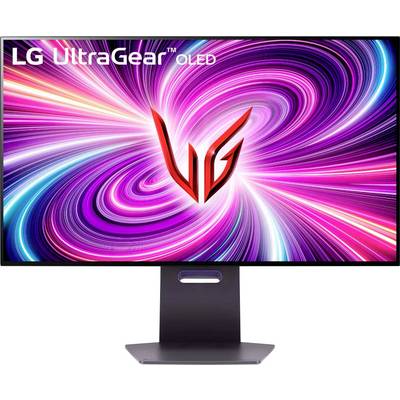 Un écran affiche le logo 'LG UltraGear OLED', avec un motif lumineux tourbillonnant vibrant rose et violet en arrière-plan.