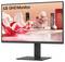 Moniteur QHD de LG affichant une œuvre numérique avec des formes géométriques abstraites dans des tons de blanc, rouge et rose, créant une scène futuriste.