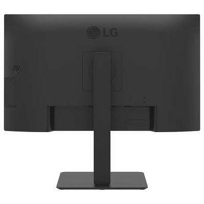 L'image montre l'arrière d'un écran d'ordinateur LG avec un support rectangulaire. Le moniteur est noir et présente des détails de design minimalistes.