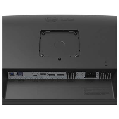 Vue arrière d'un moniteur LG montrant différentes connexions : deux ports USB, deux ports HDMI, un DisplayPort et une entrée d'alimentation.