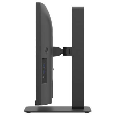 Une vue latérale d'un moniteur d'ordinateur noir sur un support, montrant la courbure de l'écran et les ports USB sur le côté.