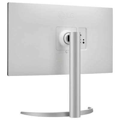 L'image montre l'arrière d'un moniteur d'ordinateur argenté et blanc sur un support, présentant ses ports de connexion, comprenant des entrées HDMI et d'alimentation.
