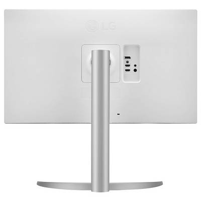 Vue arrière d'un moniteur blanc LG avec un support incurvé argenté, présentant des ports de connectivité dans une zone en retrait à l'arrière.