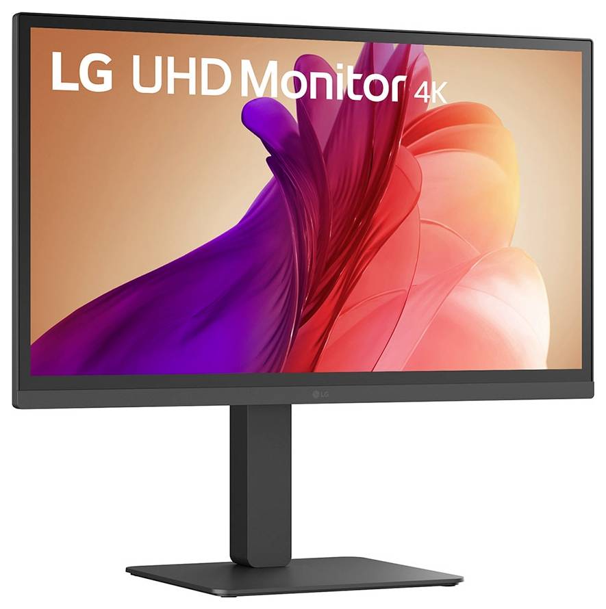 Écran LG UHD 4K montrant une œuvre d'art numérique abstraite en rouge et violet, avec un support et un cadre élégants et modernes en noir.