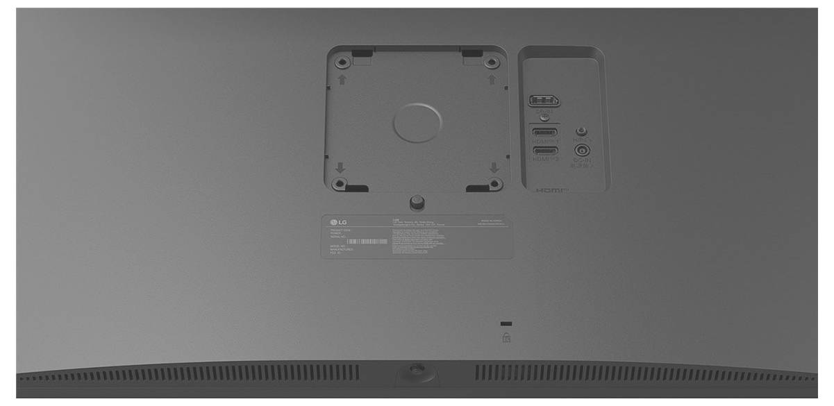 Vue arrière d'un moniteur incurvé LG montrant la zone de fixation du support et les ports d'entrée, comprenant HDMI et USB, avec une étiquette de détails du produit.