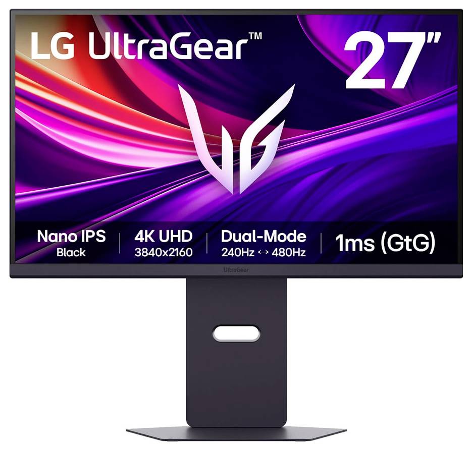 Moniteur LG UltraGear de 27 pouces avec écran Nano IPS noir. Les caractéristiques comprennent une résolution 4K UHD, un taux de rafraîchissement double mode de 240 Hz à 480 Hz, et un temps de réponse de 1 ms.