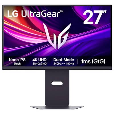 Moniteur LG UltraGear de 27 pouces avec écran Nano IPS noir. Les caractéristiques comprennent une résolution 4K UHD, un taux de rafraîchissement double mode de 240 Hz à 480 Hz, et un temps de réponse de 1 ms.
