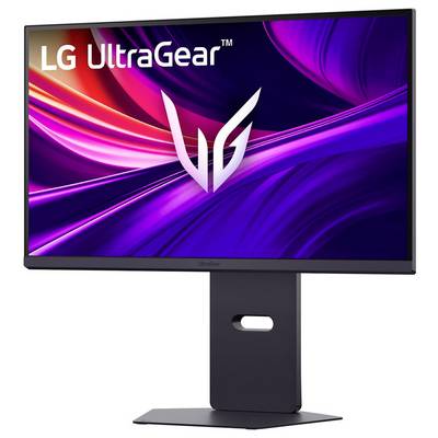 Un écran LG UltraGear élégant avec un affichage vibrant de designs tourbillonnants en violet et rose, avec le logo LG mis en évidence en haut.