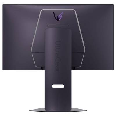 Un moniteur d'ordinateur élégant, noir, arborant un logo à l'arrière, monté sur un support.