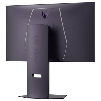 Un moniteur noir avec le logo 'UltraGear' au dos et un support vertical. L'écran est tourné, montrant le design arrière.