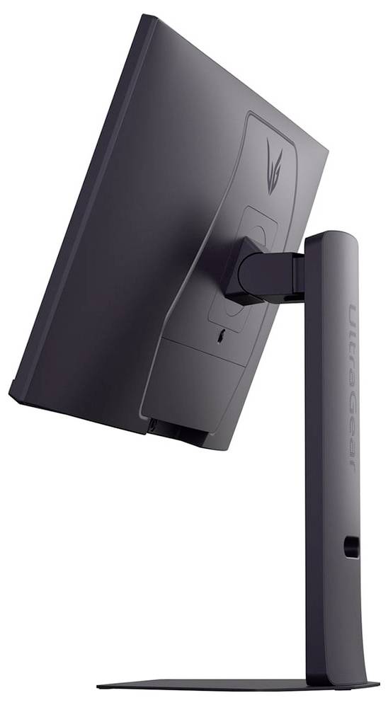 Un moniteur d'ordinateur noir vu de profil, montrant sa silhouette fine et son socle. Le logo de la marque est visible à l'arrière.