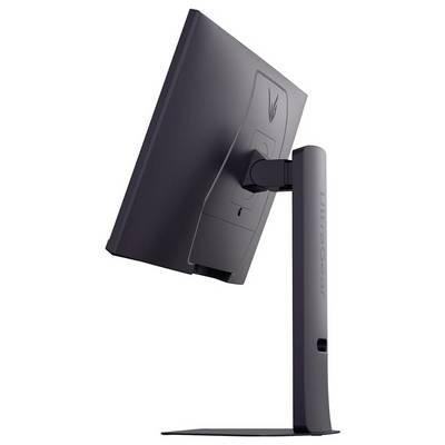 Un moniteur d'ordinateur noir vu de profil, montrant sa silhouette fine et son socle. Le logo de la marque est visible à l'arrière.