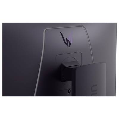 Vue arrière d'un écran de moniteur avec un support fixé, présentant un logo violet discret en haut à l'arrière.
