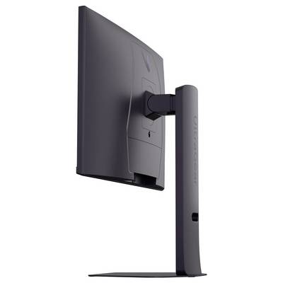 Moniteur LG UltraGear au design élégant, à l'affichage vibrant, et au logo distinctif, sur un fond aux teintes tourbillonnantes de pourpre et de rouge.