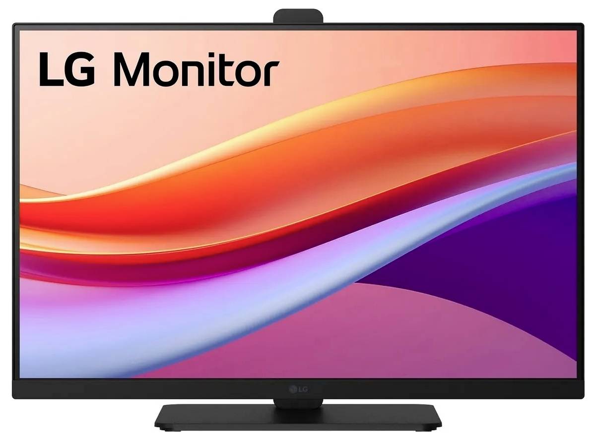 Écran de moniteur LG avec un design abstrait d'ondes multicolores.