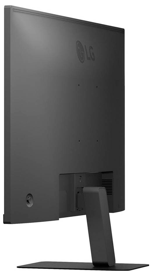 Vue arrière d'un moniteur noir avec un support minimaliste, affichant le logo LG.