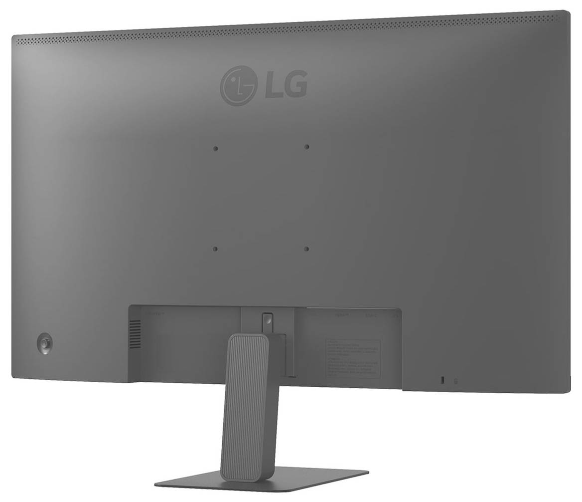 Vue arrière d'un écran LG posé sur un support, présentant un design épuré sans commandes ou ports visibles.