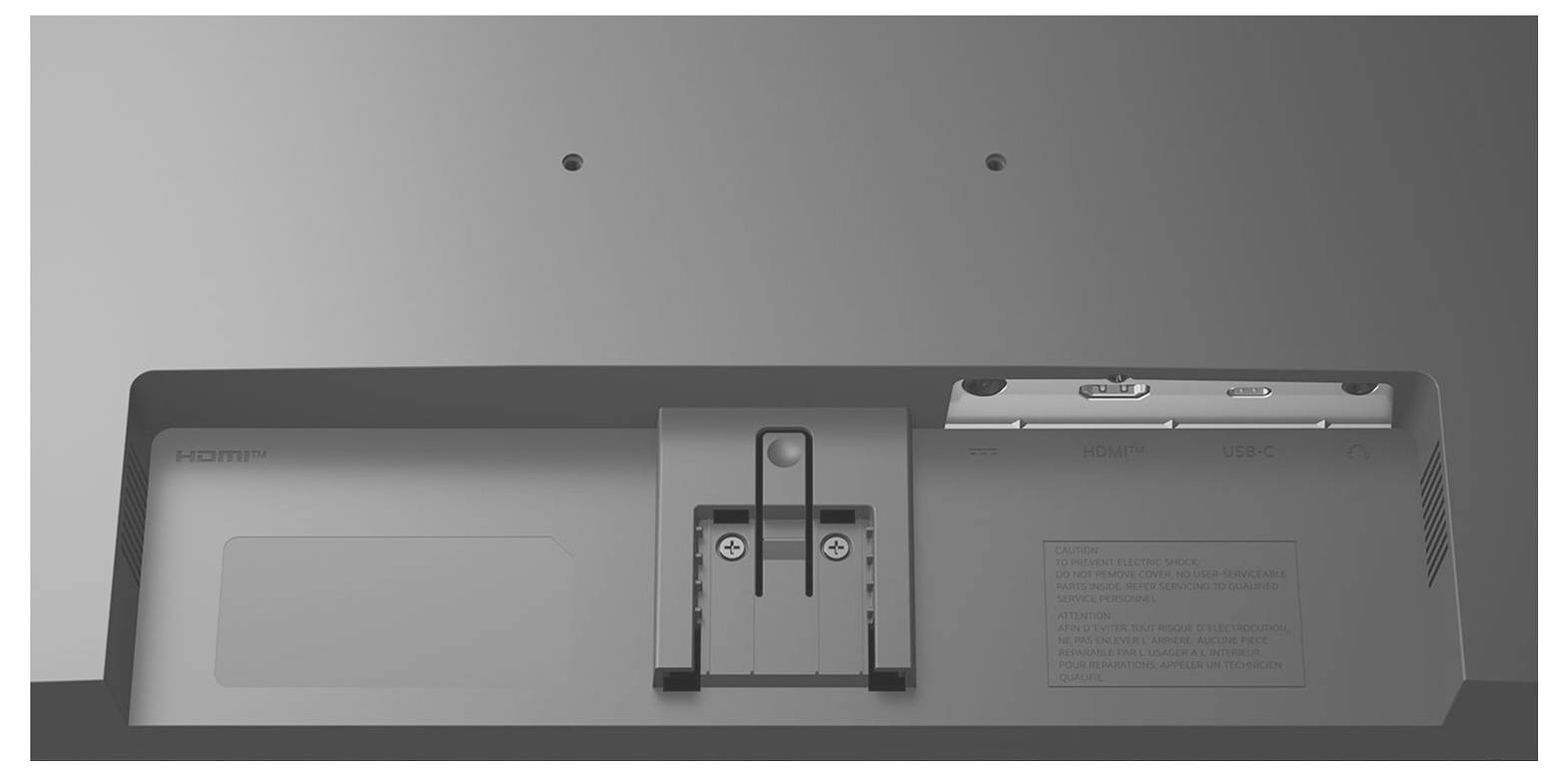 Vue arrière d'un moniteur montrant le port HDMI, la fixation du support et l'entrée d'alimentation.