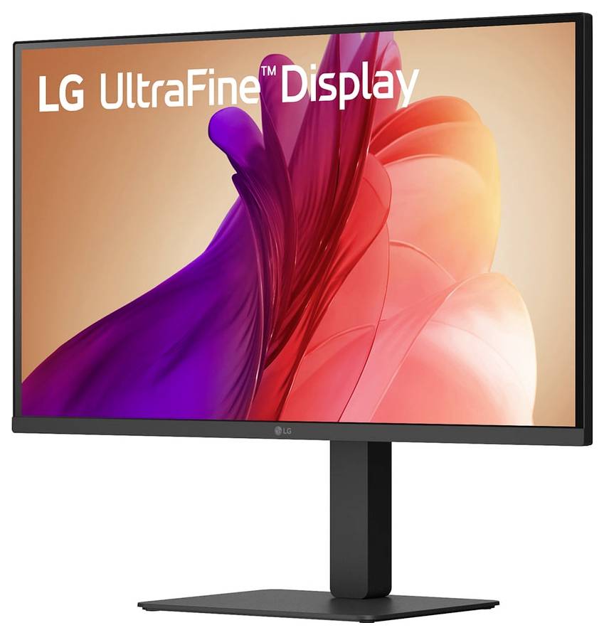 Un écran affiche des formes abstraites violettes et oranges, avec le texte « Écran LG UltraFine » en haut, indiquant la marque et le modèle.