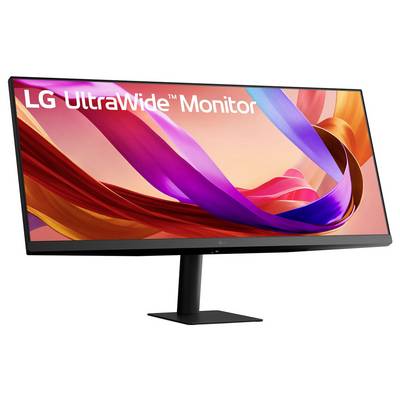 Un écran large avec des couleurs vibrantes et tourbillonnantes affichées sur l'écran. Le texte « Moniteur LG UltraWide » est affiché en haut.