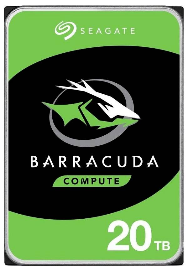 Disque dur Seagate Barracuda Compute de 20 To, doté d'un logo de poisson stylisé sur une étiquette verte et noire.