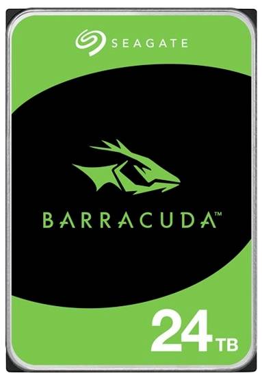 Disque dur Seagate Barracuda, 24 To, avec un packaging de couleur verte et noire présentant un logo de poisson stylisé.