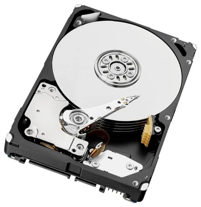 Un disque dur démontré montrant le disque magnétique circulaire, le axe de rotation, et le bras de lecture/écriture avec son actuateur, révélant les composants internes.